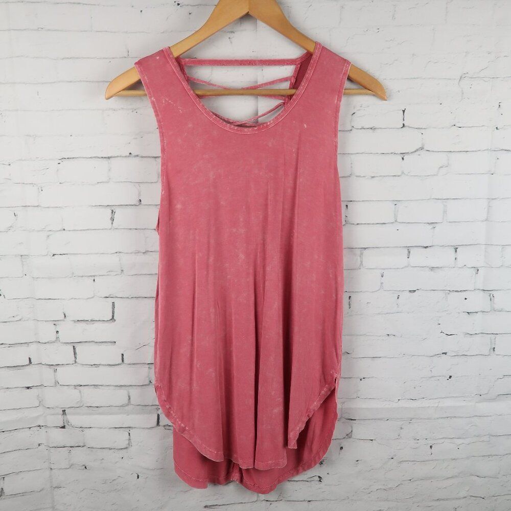 PINK DISTRESSED EXTRA LONG TANK TOP WITH CRISS CROSS BACK DETAIL SIZE MEDIUM